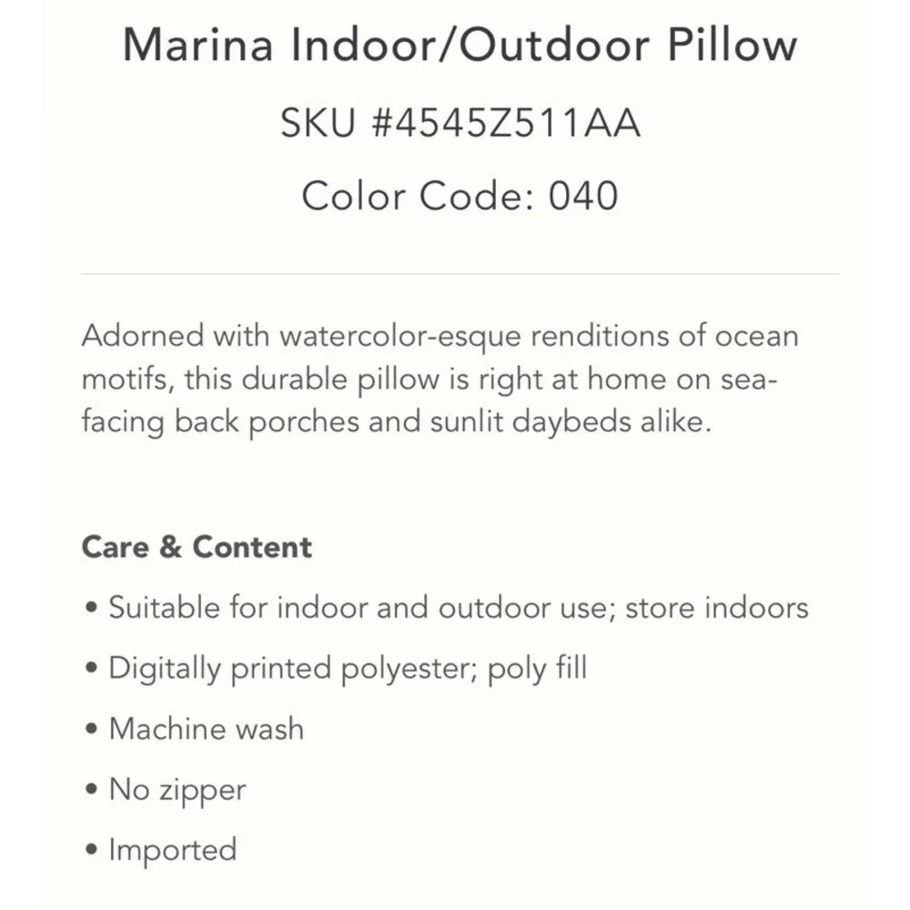 Anthropologie‎ Outdoor Pillow Marina Lobster Blue Natuical Coastal Decor Throw
